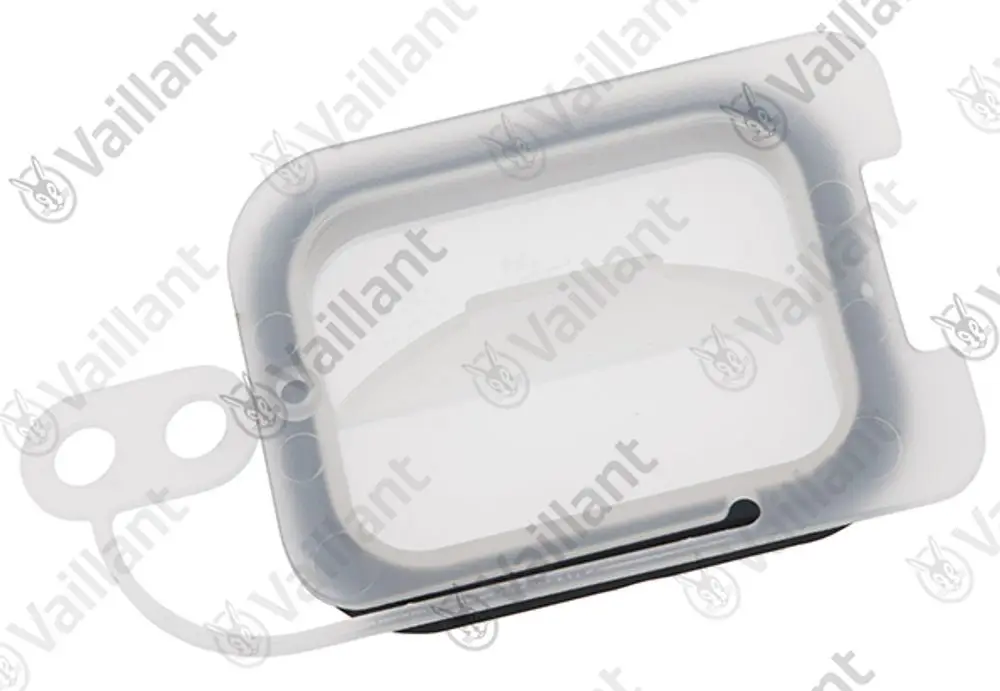 Vaillant Deckel mit Dichtung, transparent, rechteckig mit abgerundeten Ecken, für einen Anschluss, verbunden mit einem flexiblen Schlauch und zwei Öffnungen.